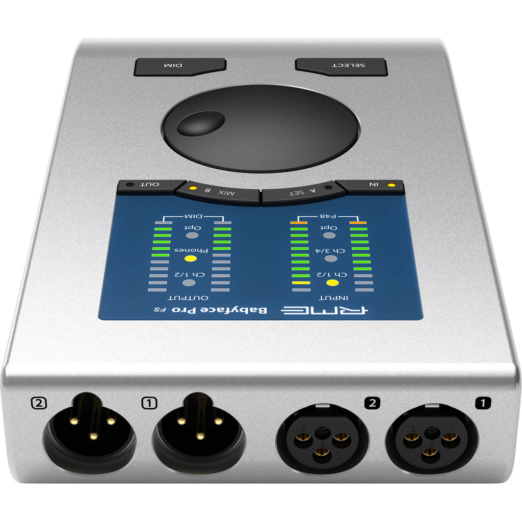 RME Babyface Pro FS audio interface with multiple input and output ports, compact design, and professional recording features.