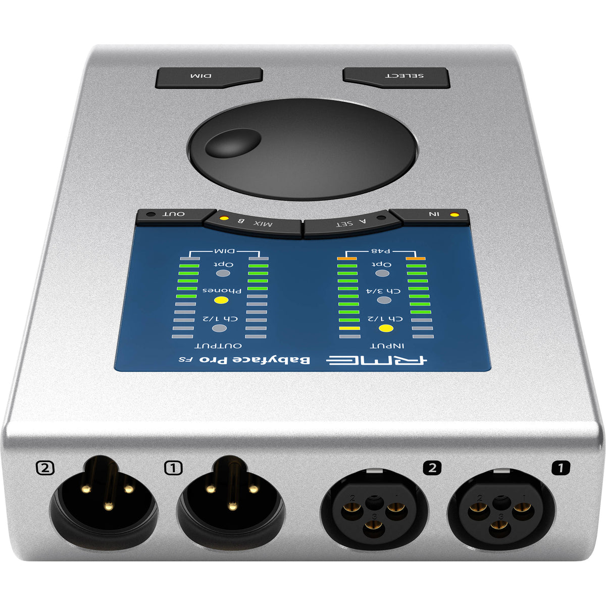 RME Babyface Pro FS audio interface with multiple input and output ports, compact design, and professional recording features.
