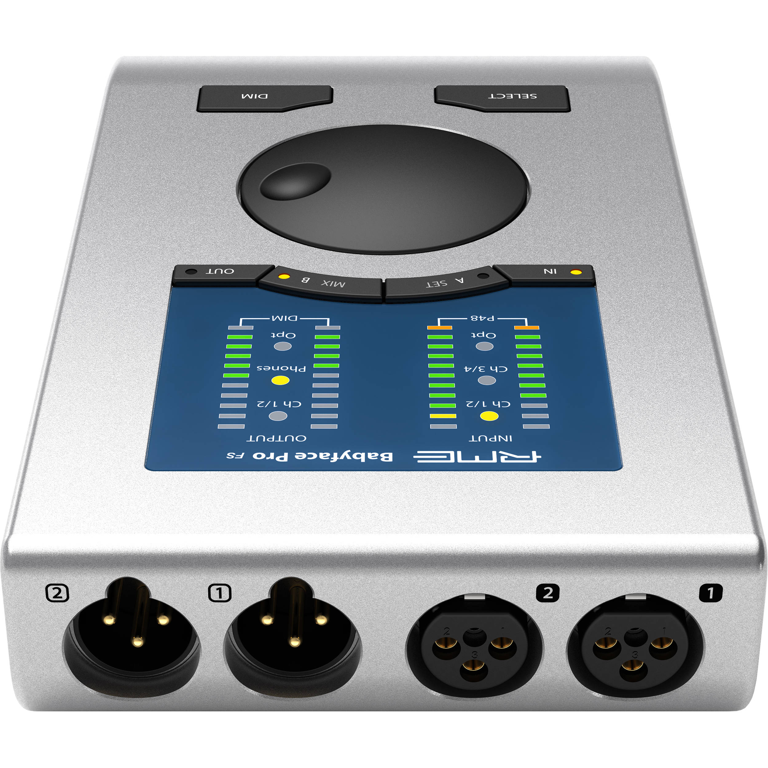 RME Babyface Pro FS audio interface with multiple input and output ports, compact design, and professional recording features.