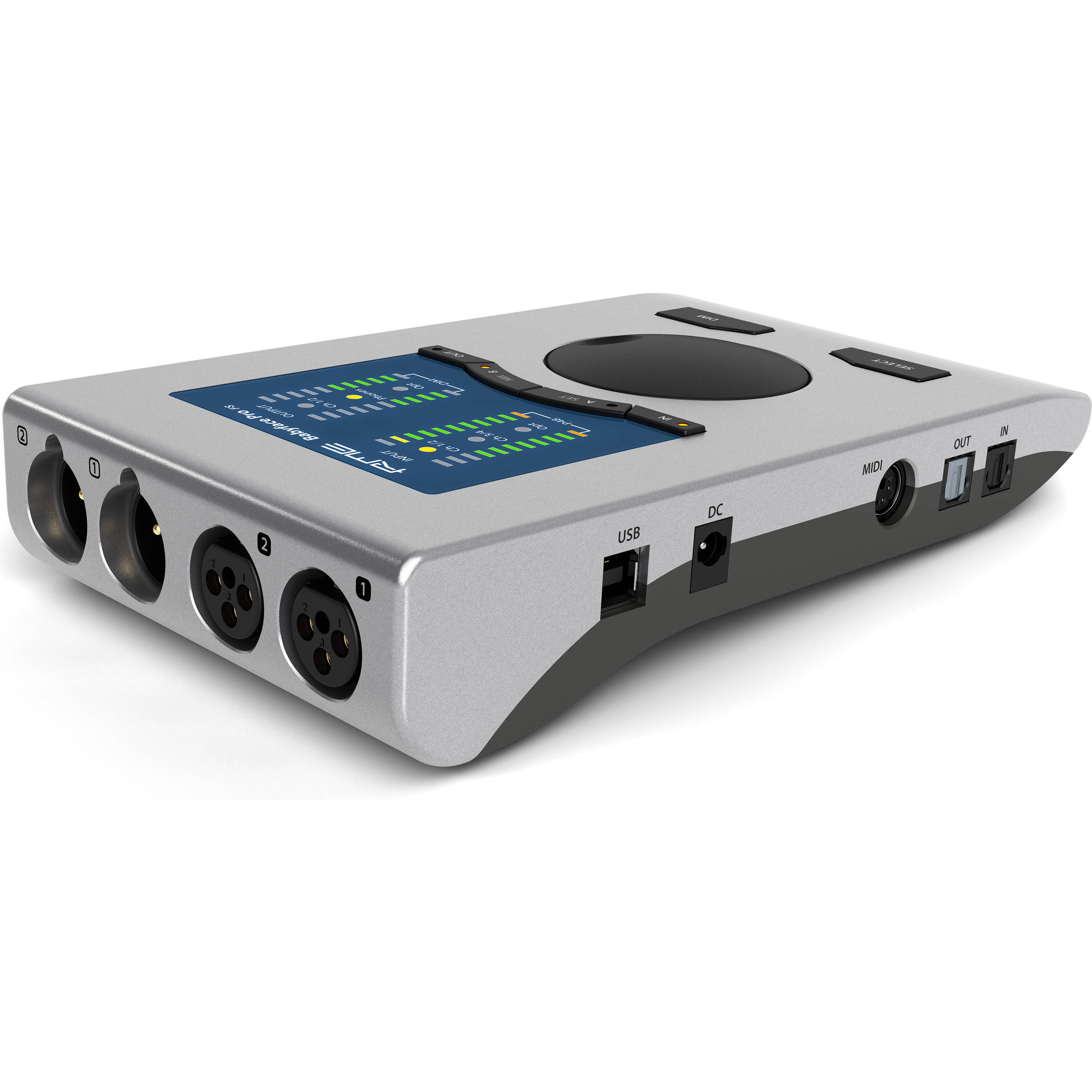 RME Babyface Pro FS audio interface with multiple input and output ports, compact design, and professional-grade features.