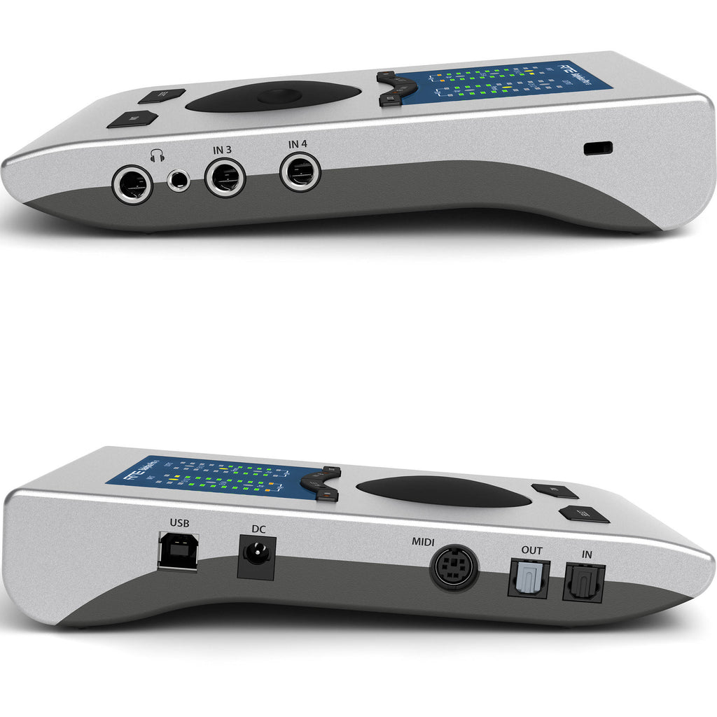 RME Babyface Pro FS audio interface with multiple input and output connections, compact design, and professional audio features.
