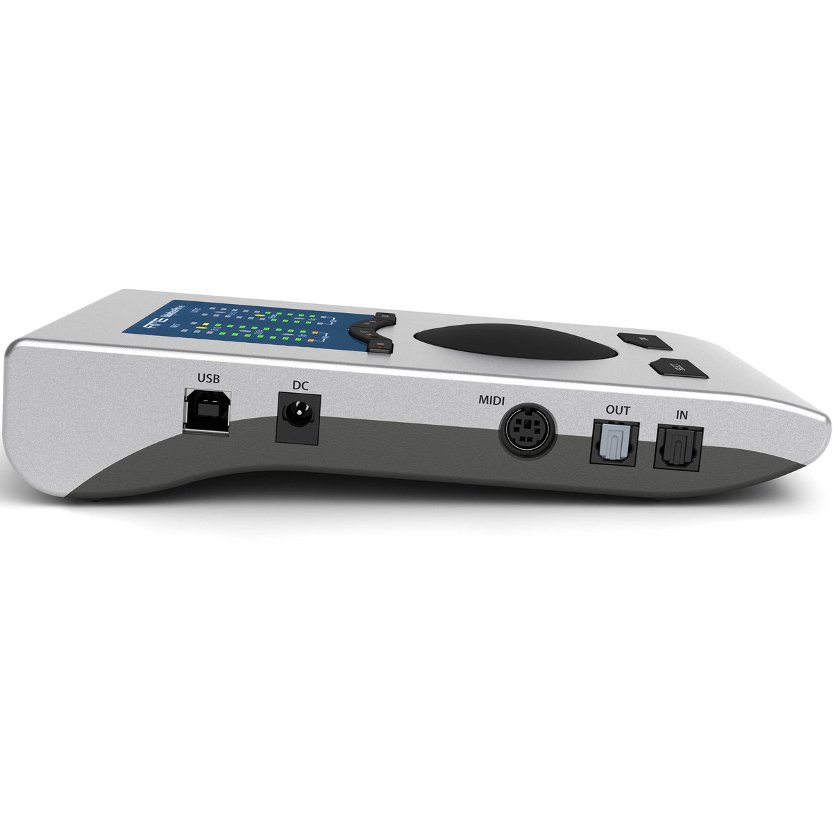 RME Babyface Pro FS audio interface with multiple input and output ports, compact design, and professional audio controls.