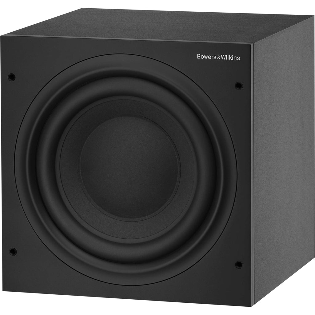 Bowers & Wilkins ASW608 subwoofer with a sleek black cabinet and front grille, designed for deep bass in home audio systems.