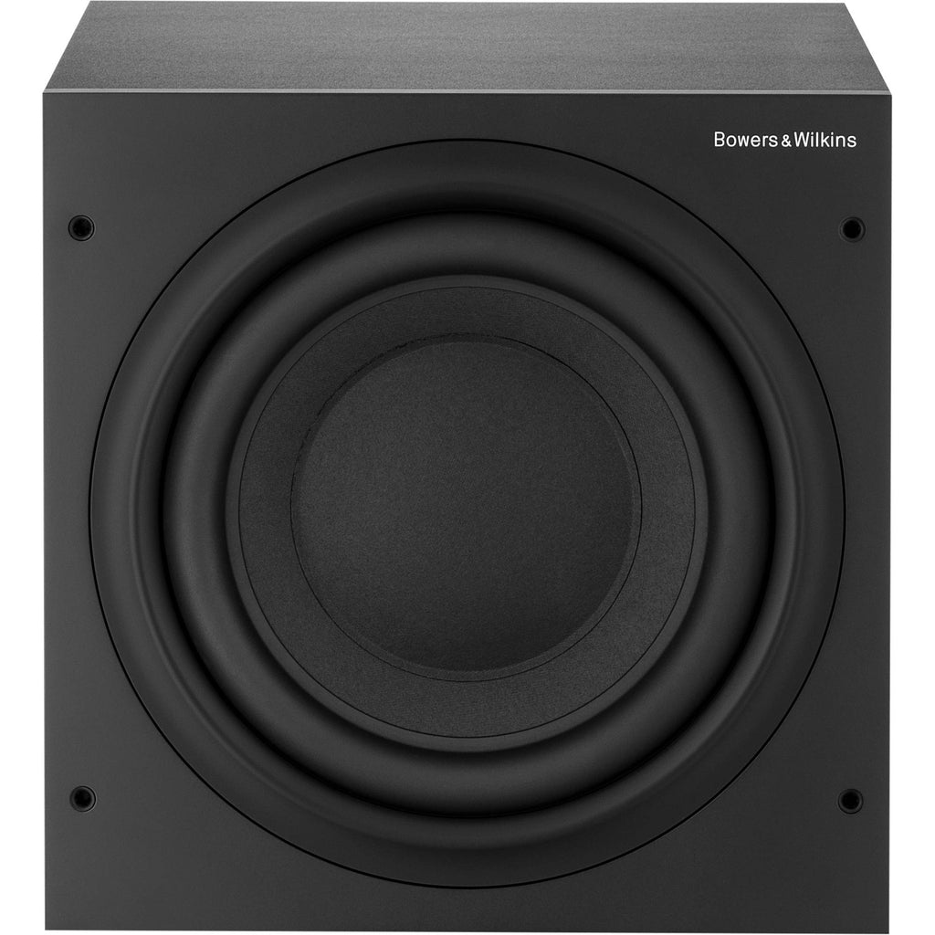 Bowers & Wilkins ASW608 subwoofer with sleek black enclosure and front-facing speaker grille, designed for high-quality bass.