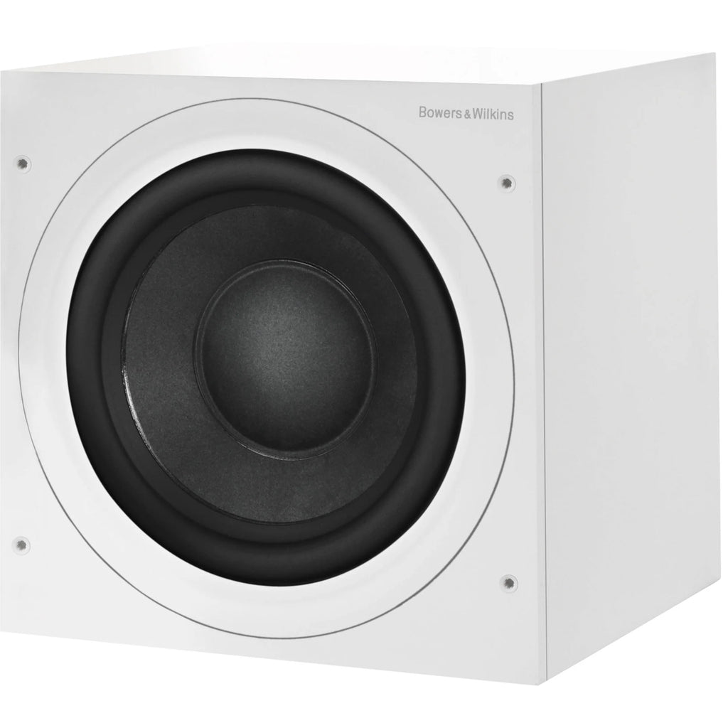 Bowers & Wilkins ASW608 subwoofer showing a sleek black enclosure with a large driver and control panel on the front.