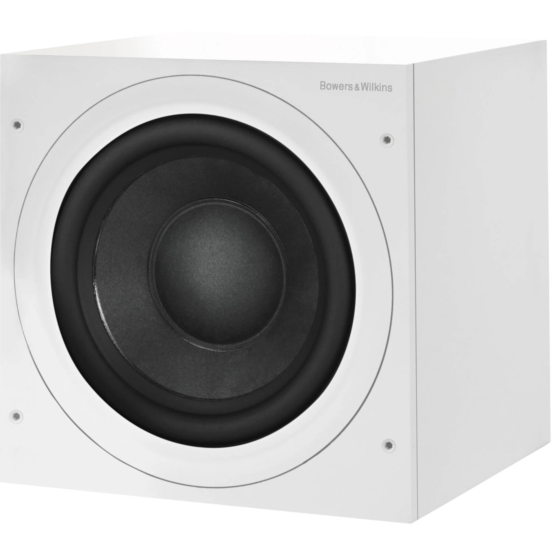 Bowers & Wilkins ASW608 subwoofer showing a sleek black enclosure with a large driver and control panel on the front.