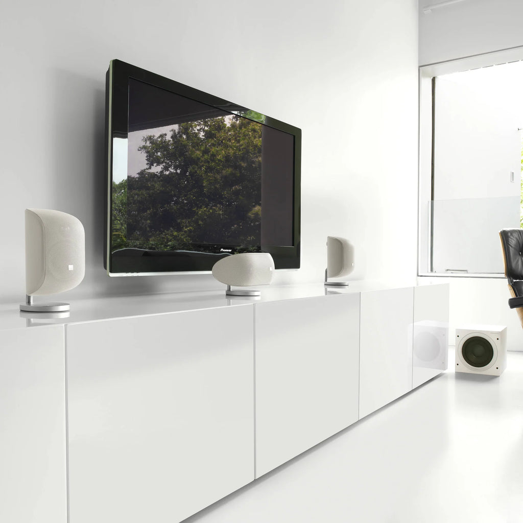Bowers & Wilkins ASW608 subwoofer with black cabinet and front grille, designed for enhanced bass in home audio systems.