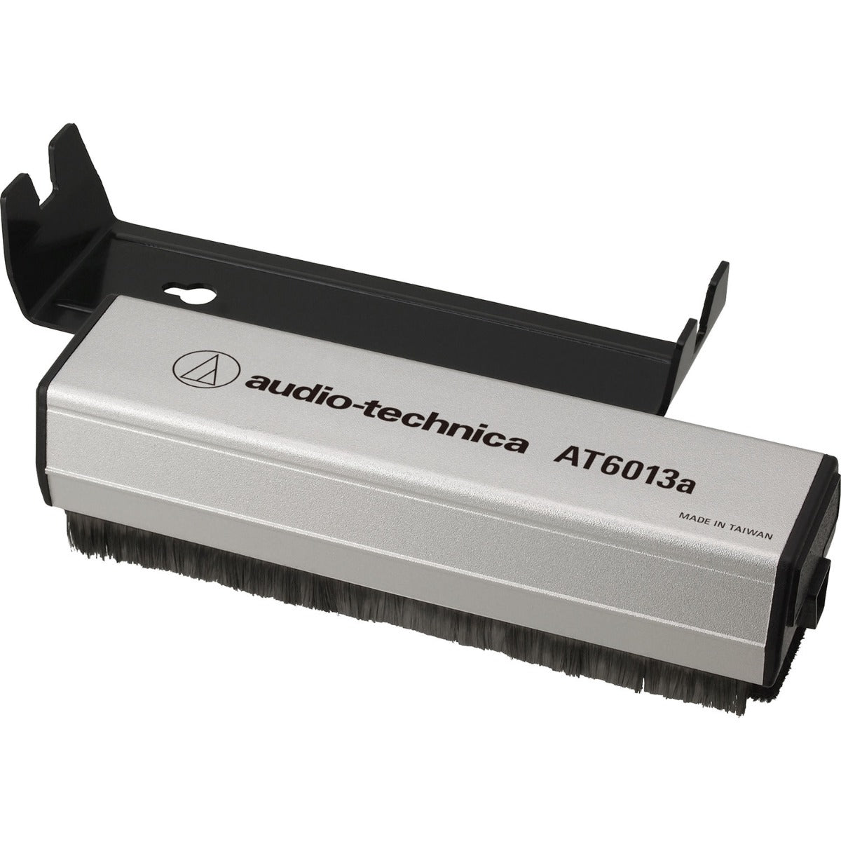 Audio Technica AT6013a dual-action anti-static record brush for cleaning vinyl records, with soft bristles and anti-static features.