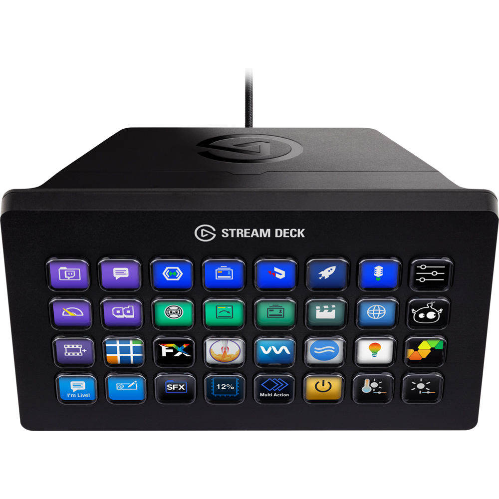 Elgato Stream Deck XL video editing controller with customizable LCD keys and multi-function buttons for streamers and creators.