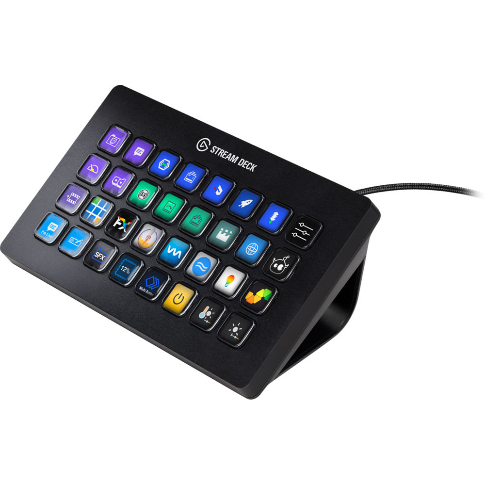 Elgato Stream Deck XL video editing controller with customizable LCD keys for streamers and content creators.