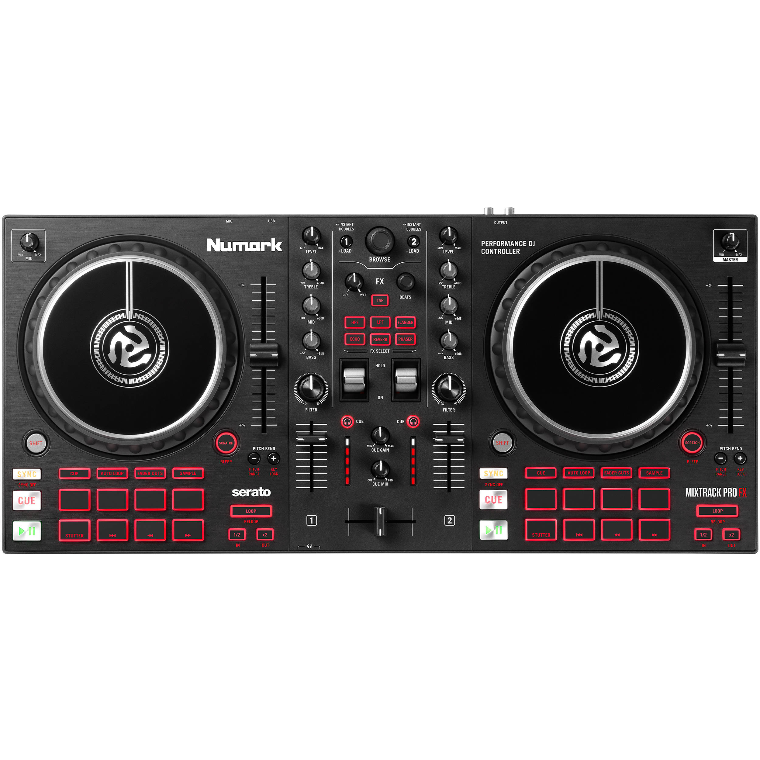 Numark Mixtrack Pro FX DJ controller with jog wheels, faders, and control knobs for mixing music.