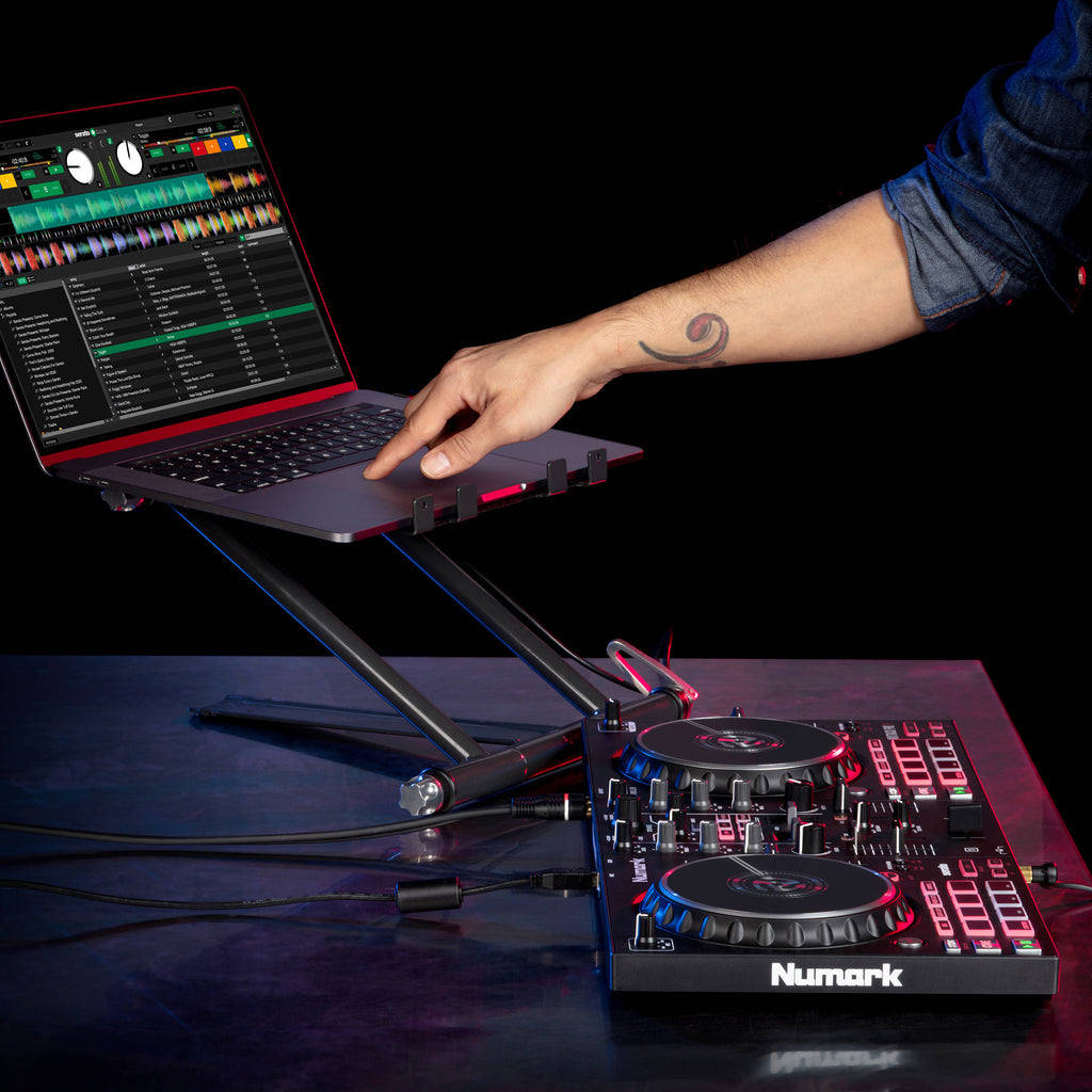 Numark Mixtrack Pro FX DJ controller with jog wheels, faders, and control knobs for digital mixing and DJ performances.