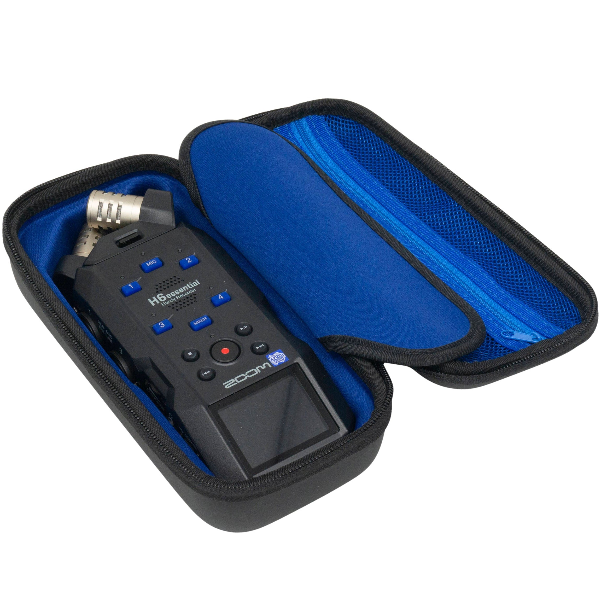 Zoom APH-6e digital recorder showing a compact handheld device with control buttons and a small display screen.