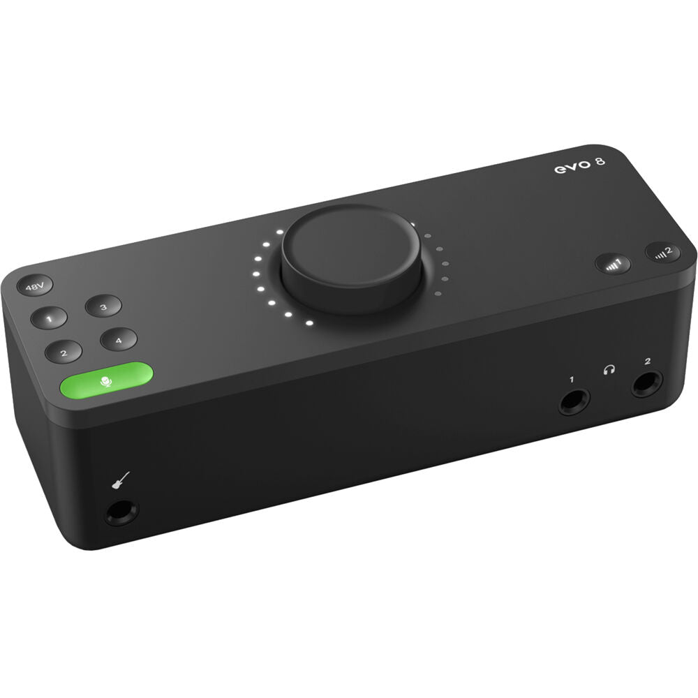 Audient EVO 8 audio interface with multiple input and output ports, professional-grade control knobs, and sleek black design.
