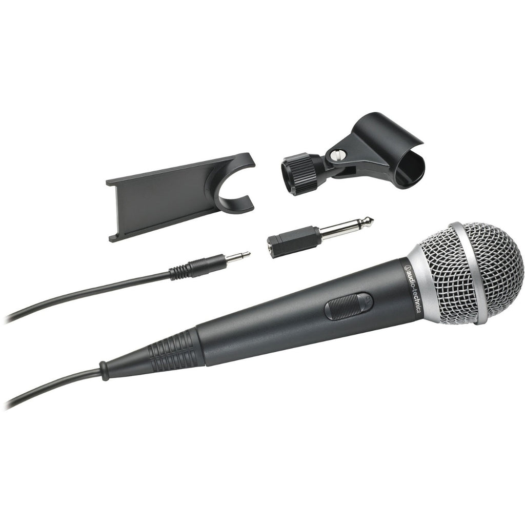 Audio Technica ATR1200x dynamic microphone shown with metal grille and black body, ideal for professional audio recording.
