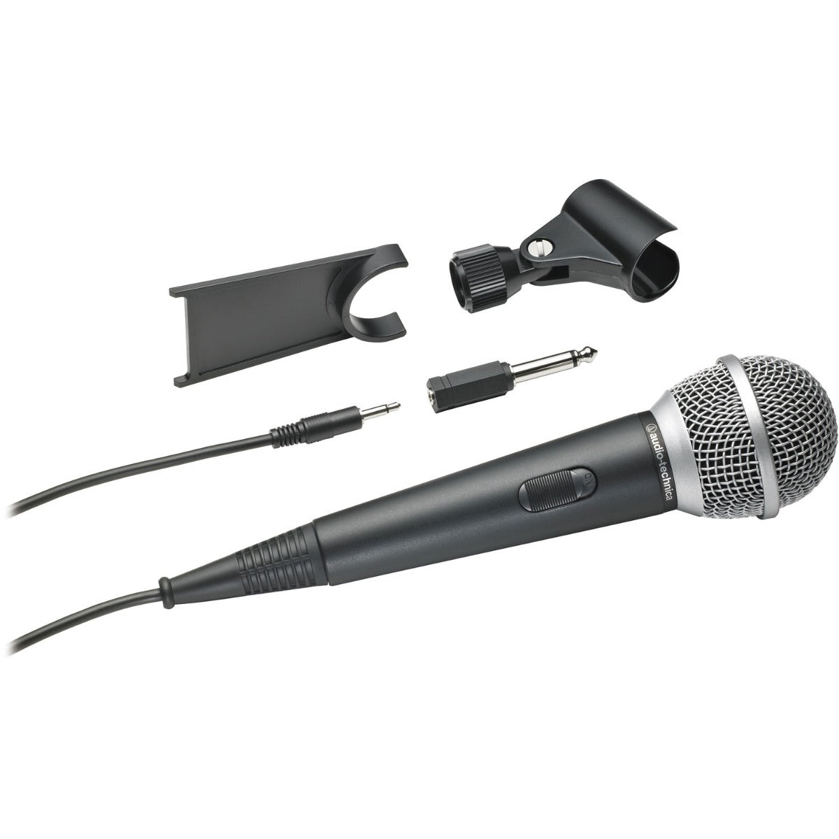 Audio Technica ATR1200x dynamic microphone shown with metal grille and black body, ideal for professional audio recording.