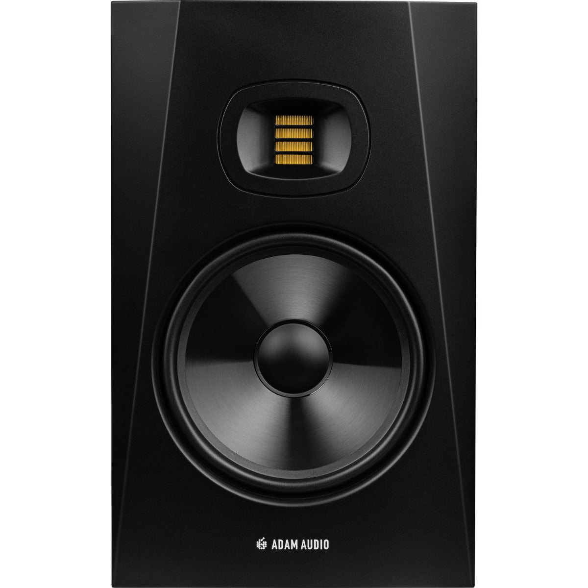 Adam Audio T8V active nearfield studio monitors shown on a desk with their sleek black design and speaker drivers visible.