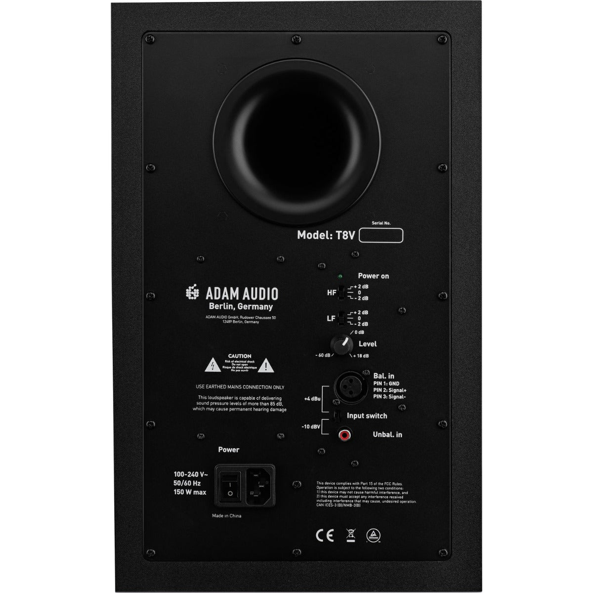 Adam Audio T8V active nearfield monitors shown from a front angle with black cabinets and detailed speaker drivers.