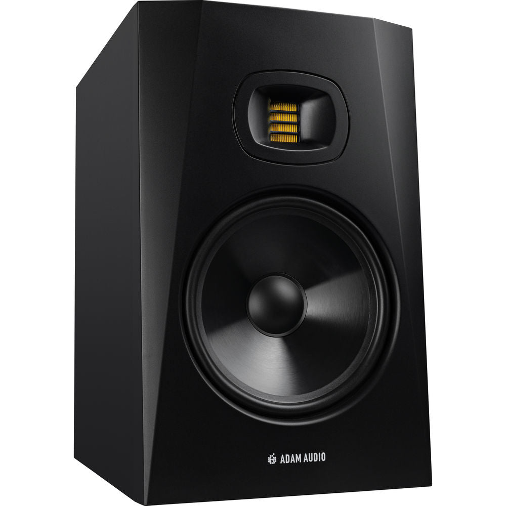 Adam Audio T8V active nearfield monitor speaker with black enclosure and front-facing controls, positioned on a studio desk.