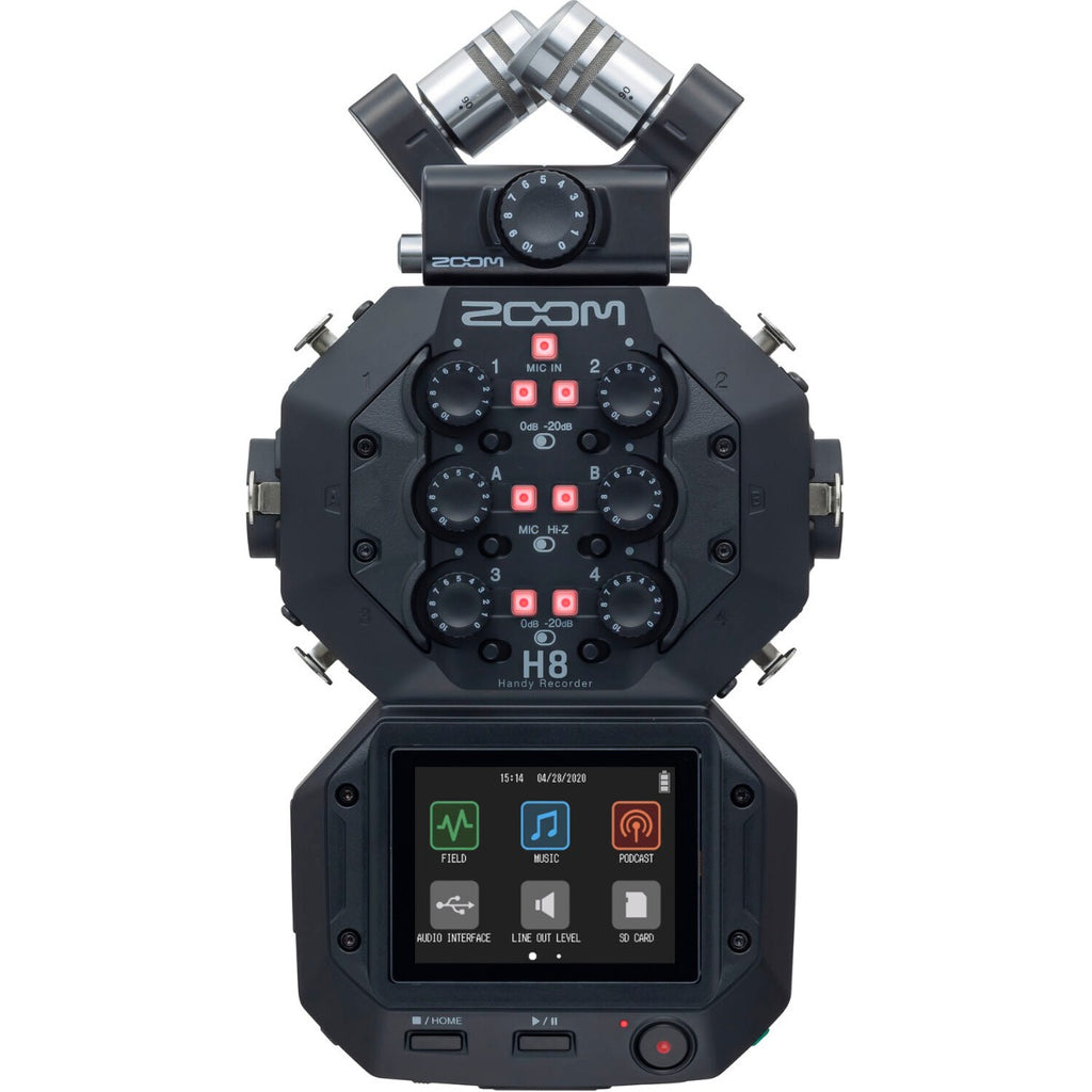 Zoom H8 digital recorder with multiple input ports and colorful display, used for professional audio recording and editing.