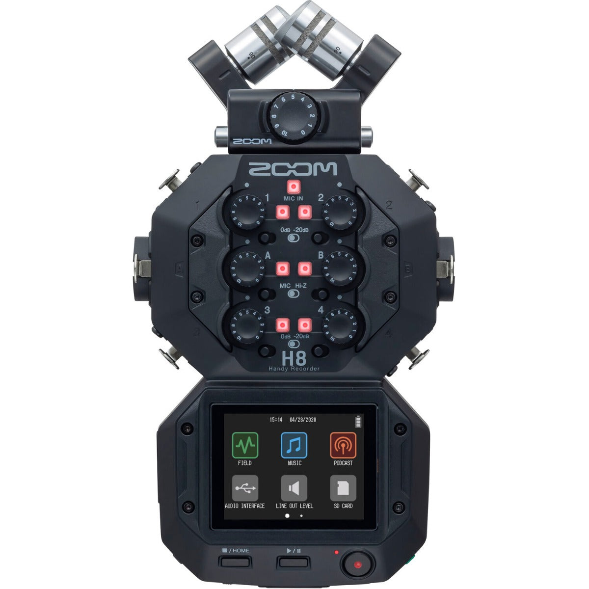 Zoom H8 digital recorder with multiple input ports and colorful display, used for professional audio recording and editing.