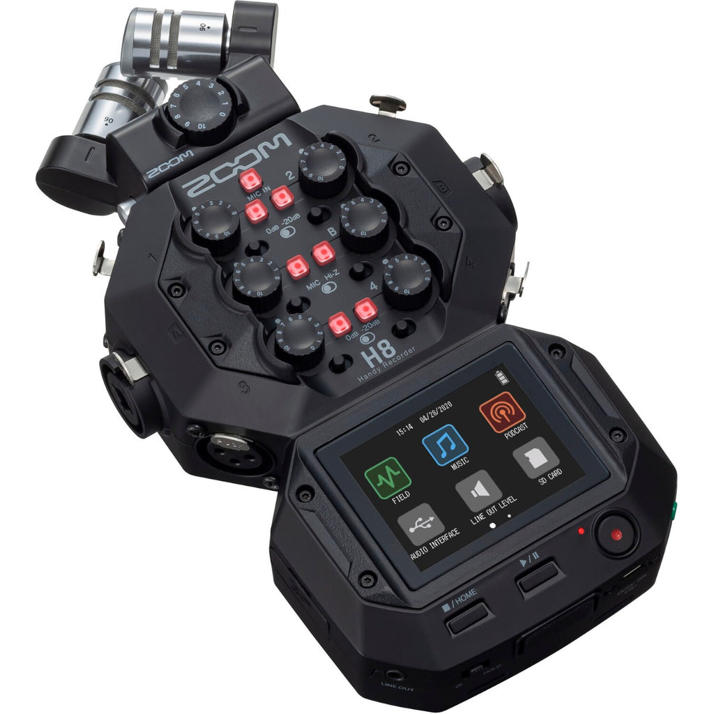 Zoom H8 digital recorder with multiple input ports and colorful interface, shown on a white background.