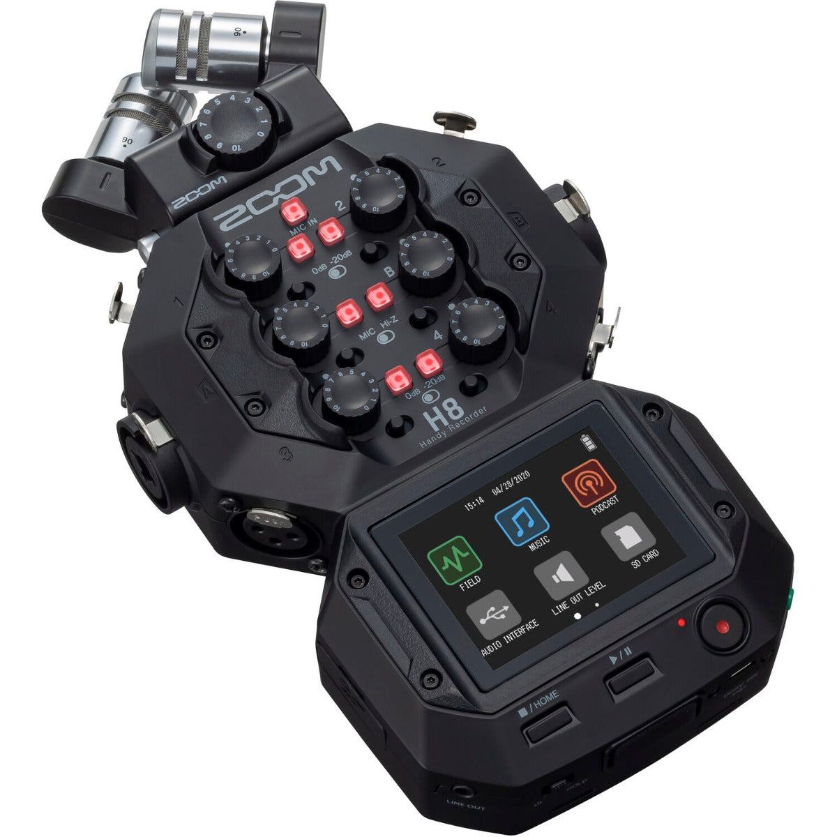 Zoom H8 digital recorder with multiple input ports and colorful interface, shown on a white background.