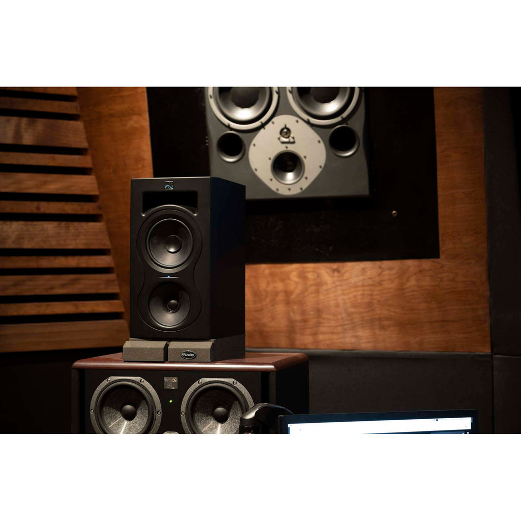 Kali Audio IN-5 active nearfield monitors shown with front view, black finish, and control knobs on the front panel.