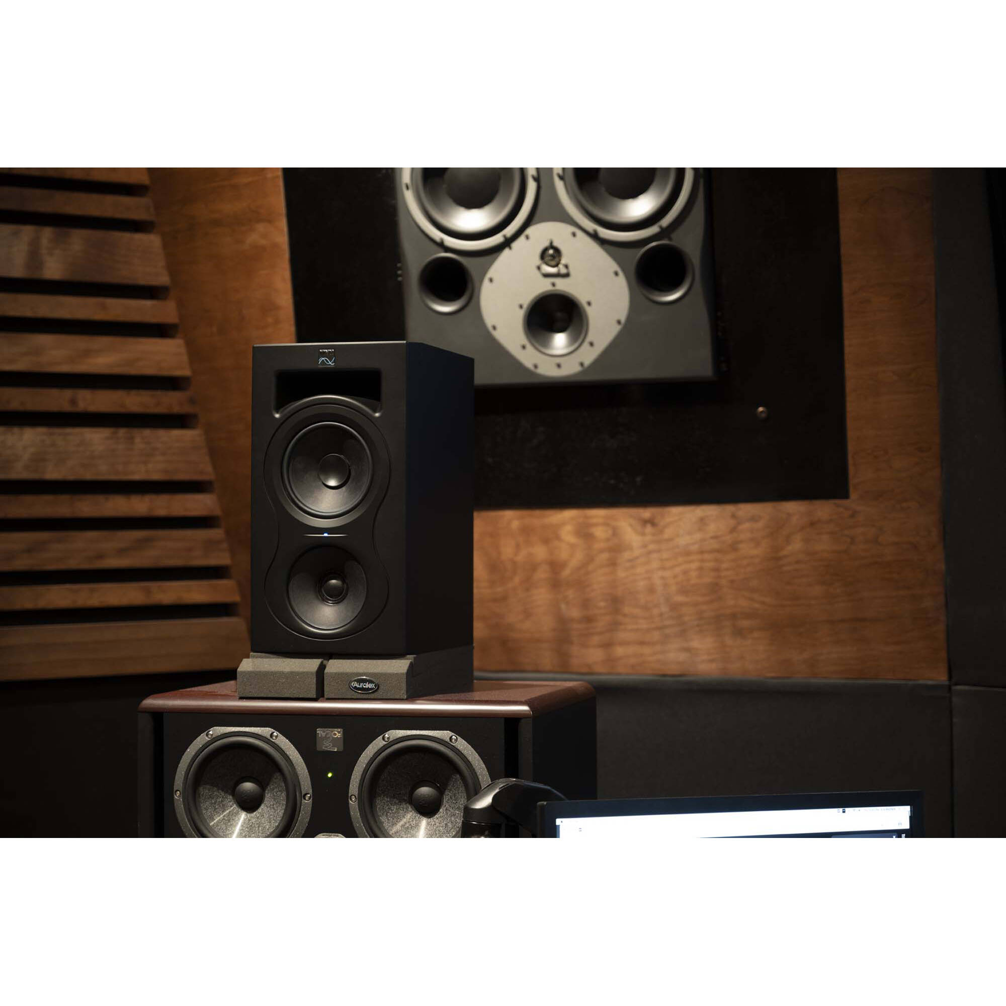 Kali Audio IN-5 active nearfield monitors shown with front view, black finish, and control knobs on the front panel.