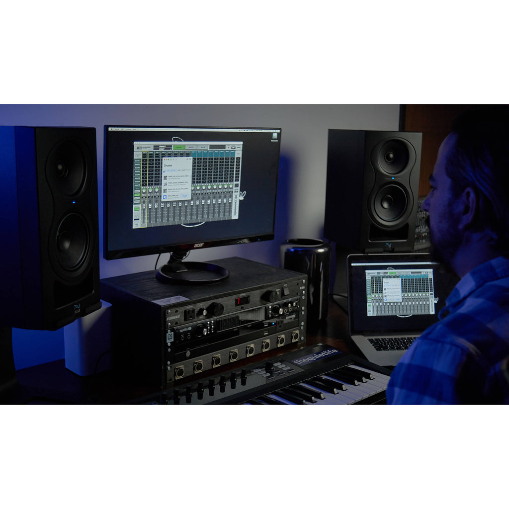 Kali Audio IN-5 active nearfield monitors showing black speaker cabinets with front-facing drivers and control panels