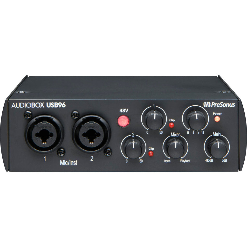 Presonus AudioBox USB 96 in black, featuring input/output ports and a compact design for audio recording.