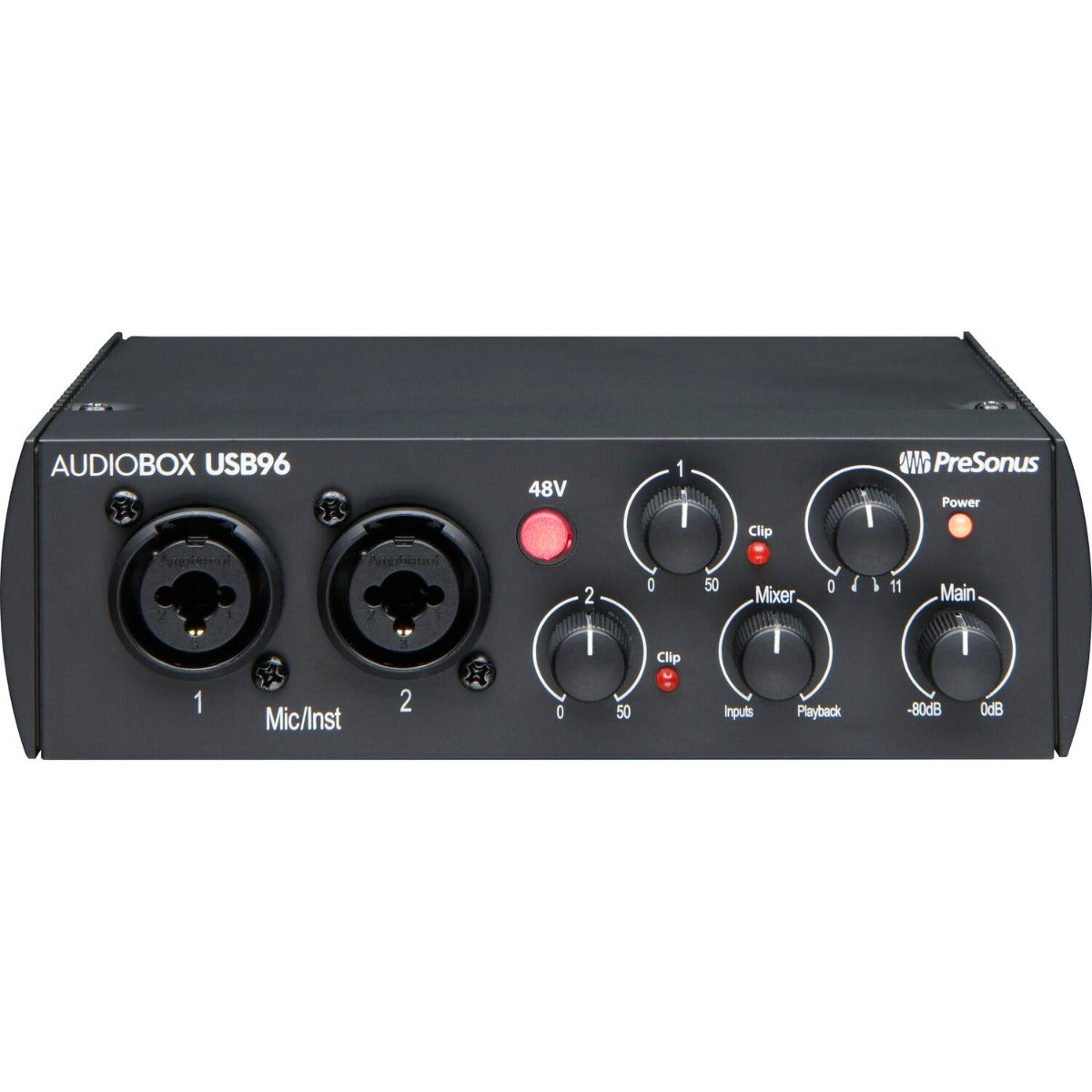 Presonus AudioBox USB 96 in black, featuring input/output ports and a compact design for audio recording.