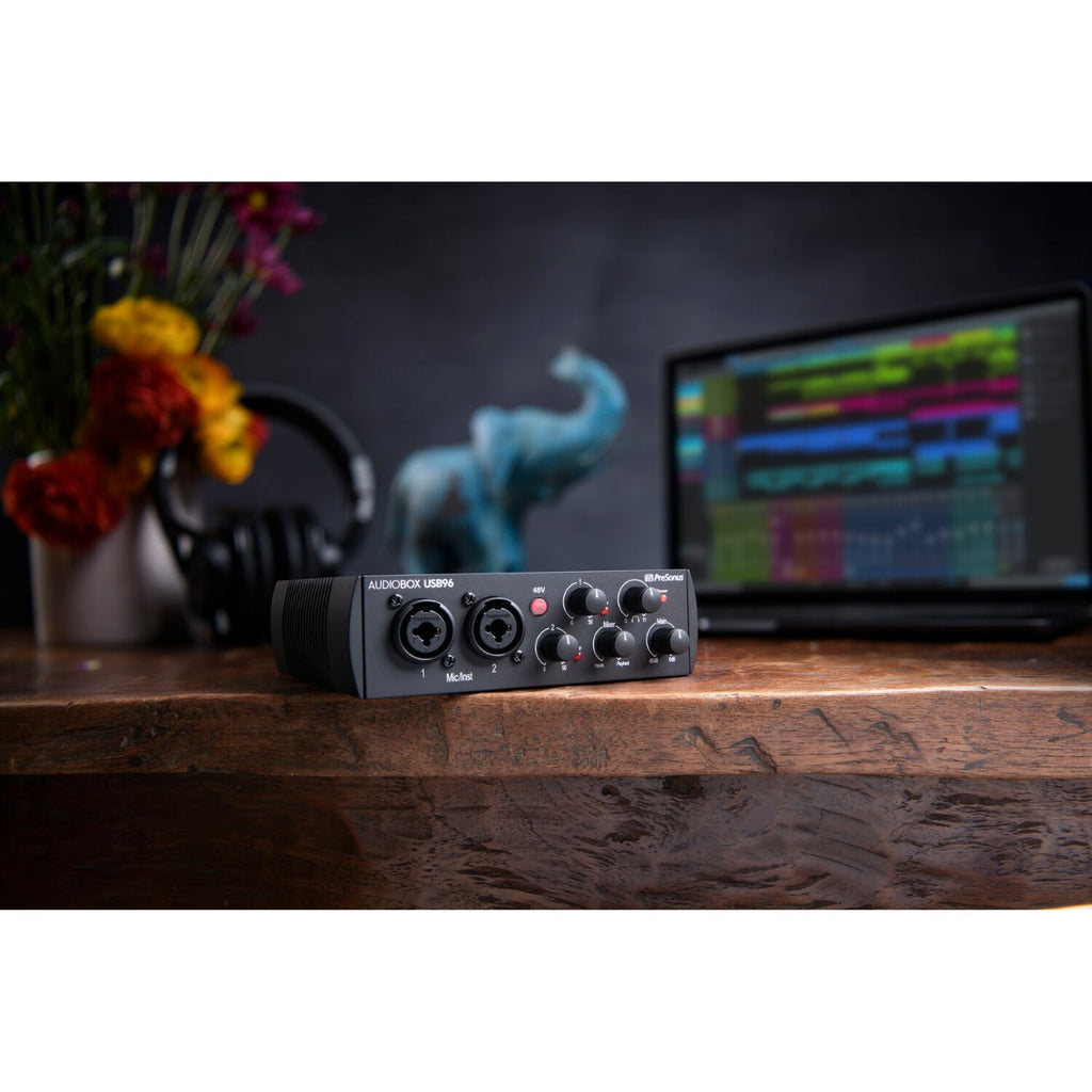 Presonus AudioBox USB 96 in black, showcasing front panel with input knobs and USB connector for audio interface use.
