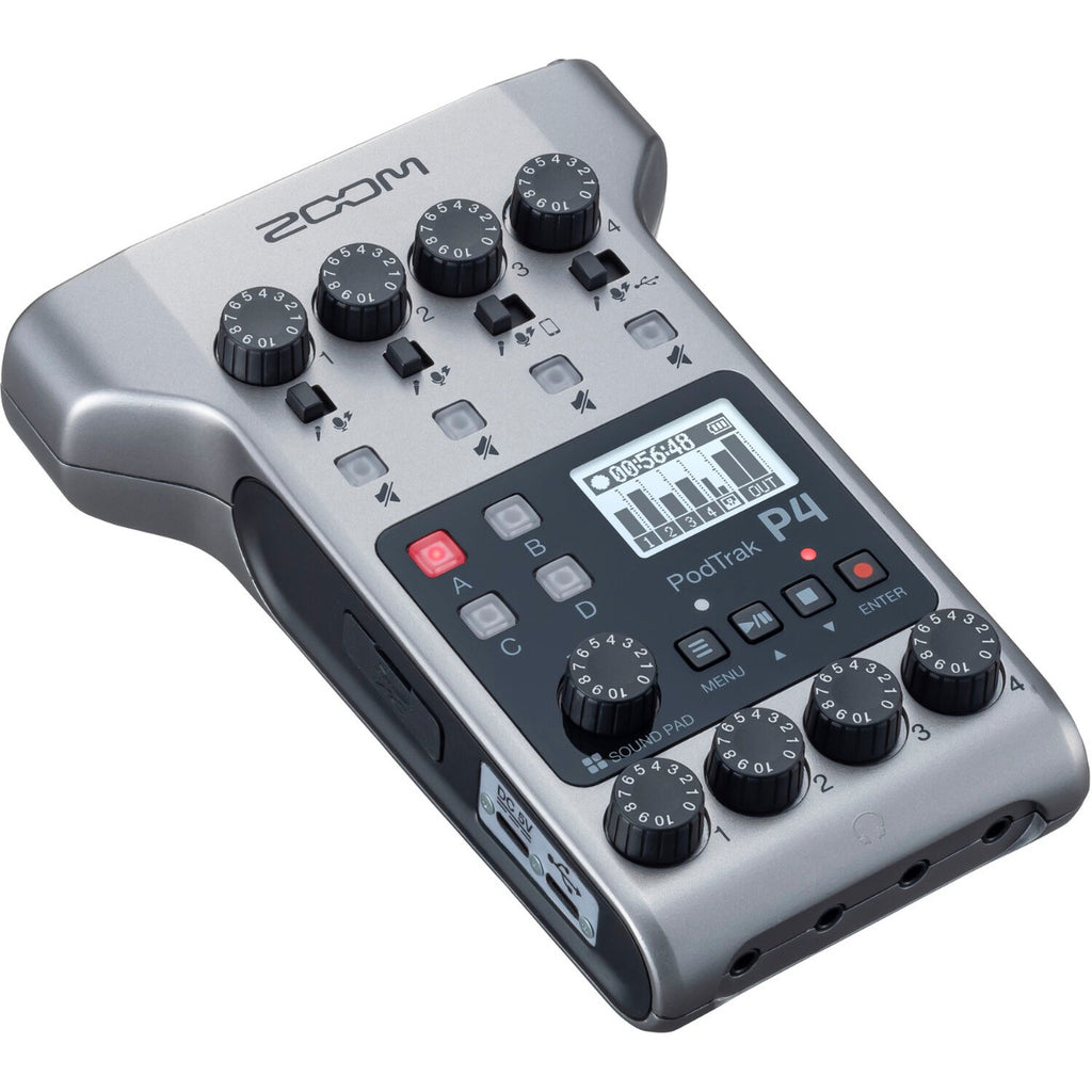 Zoom PodTrak P4 digital recorder with multiple input ports, headphone jack, and compact design for podcast recording.