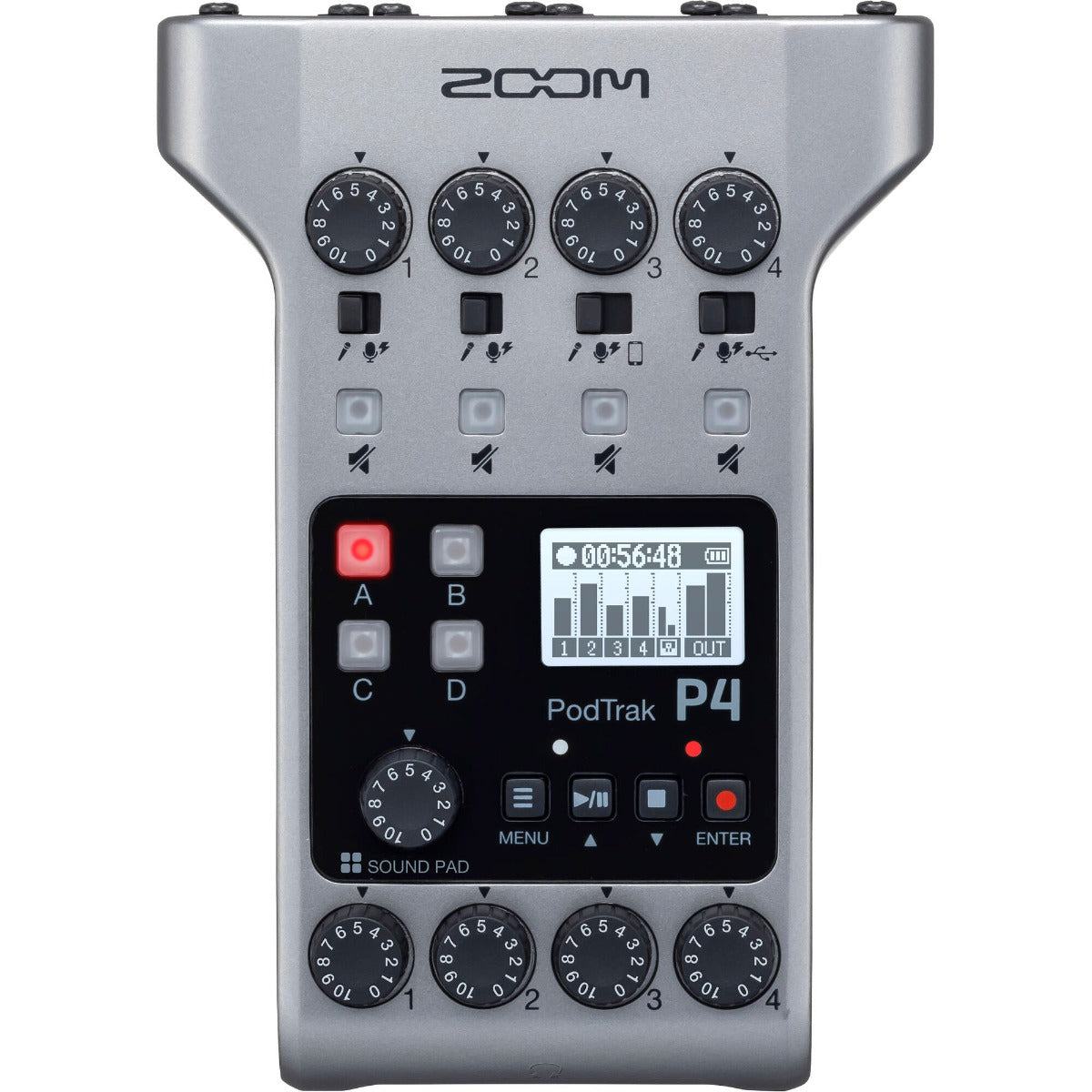 Zoom PodTrak P4 digital recorder with colorful buttons and microphone inputs, compact portable design for podcasts and recordings.