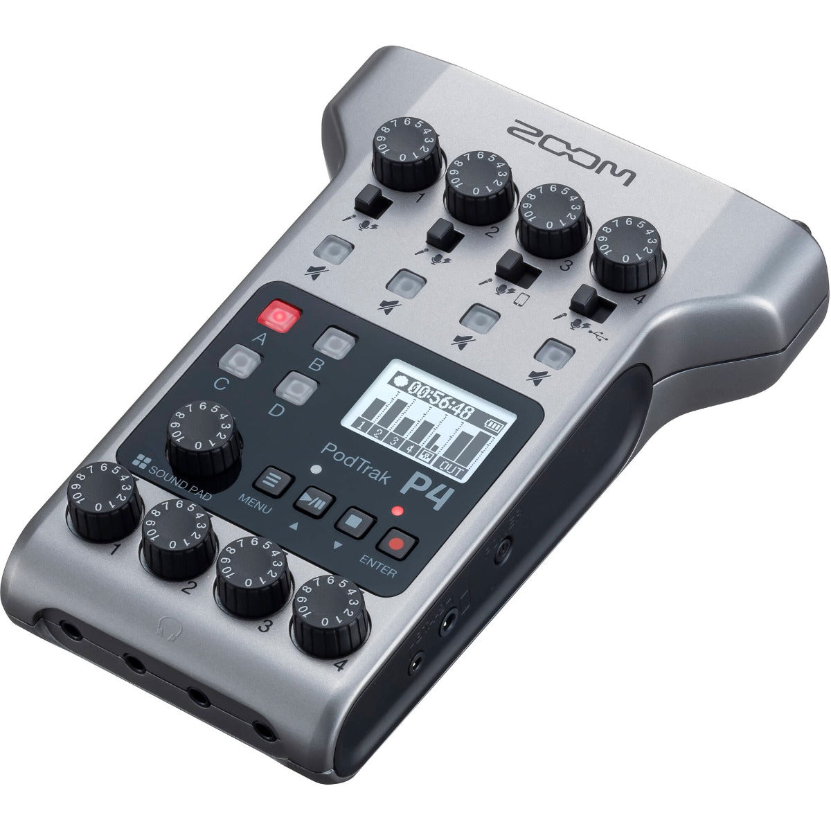 Zoom PodTrak P4 digital recorder with microphones and control knobs, compact portable device for high-quality audio recording.