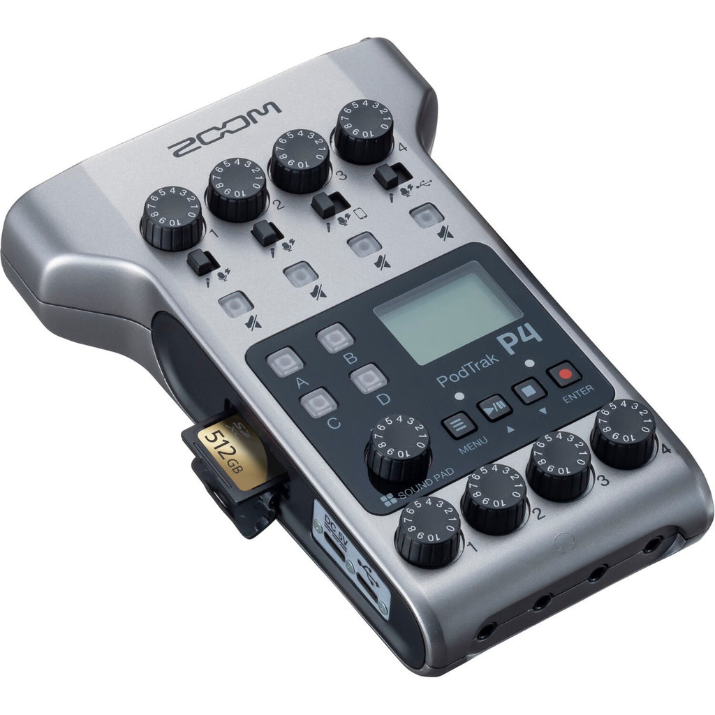 Zoom PodTrak P4 digital recorder with multiple input ports, buttons, and a compact design for portable audio recording.