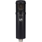 Warm Audio WA-47jr condenser microphone shown with its sleek black body and vintage-style grille for studio recording.