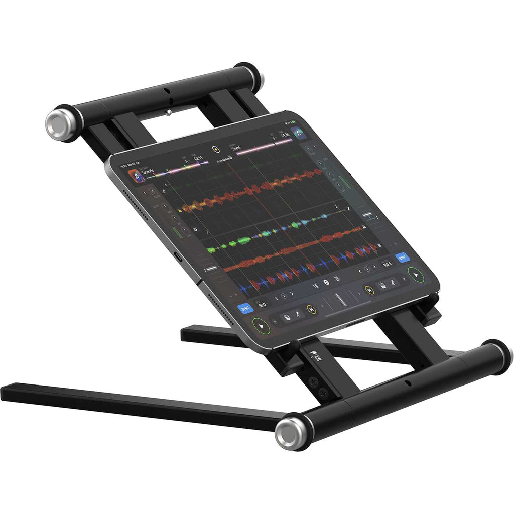 Reloop Stand Hub laptop stand featuring adjustable height and sleek design for ergonomic workspace setup.