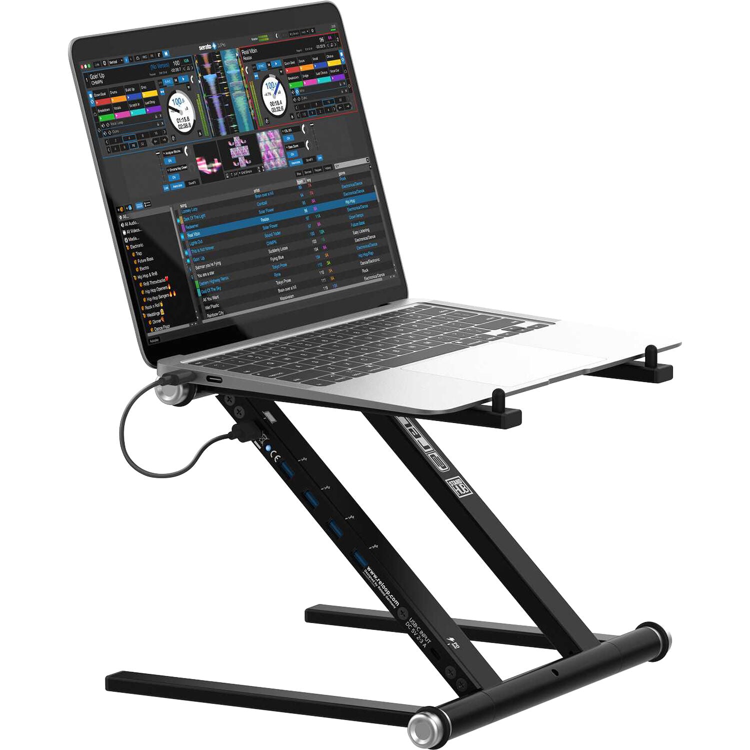 Reloop Stand Hub laptop stand with adjustable height and sleek design for ergonomic workspace setup.