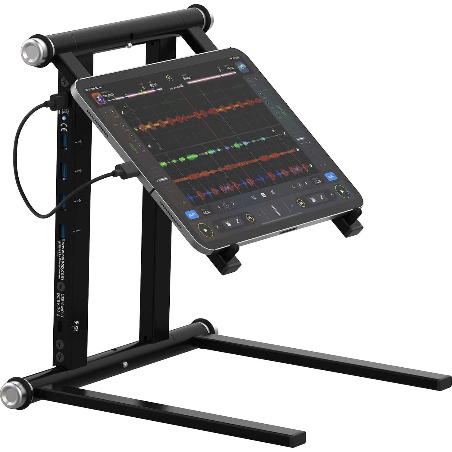 Reloop Stand Hub laptop stand with adjustable height and sleek design, showcasing a modern workspace setup.