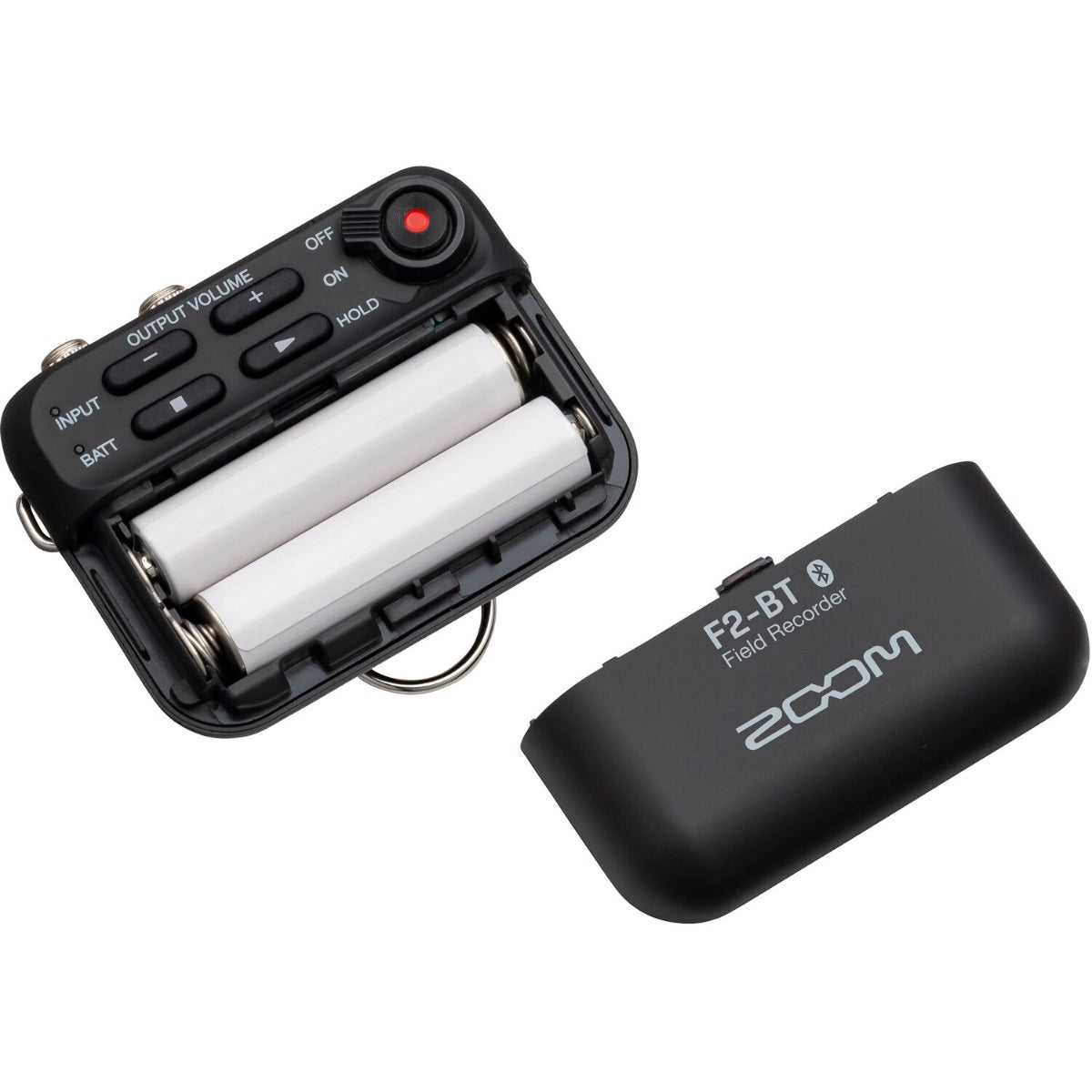 Zoom F2-BT digital recorder with compact design, built-in microphone, and control buttons for high-quality audio recording.