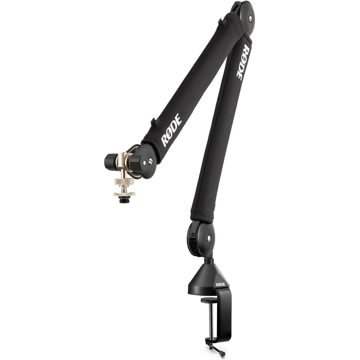 Rode PSA1+ broadcast microphone arm mounted on desk with adjustable arm and shock mount for professional audio recording setup