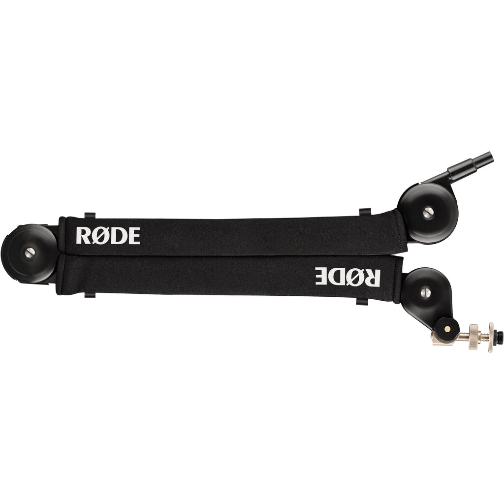 Rode PSA1+ broadcast microphone arm with adjustable metal arm and mounting clamp, designed for professional audio recording setups.