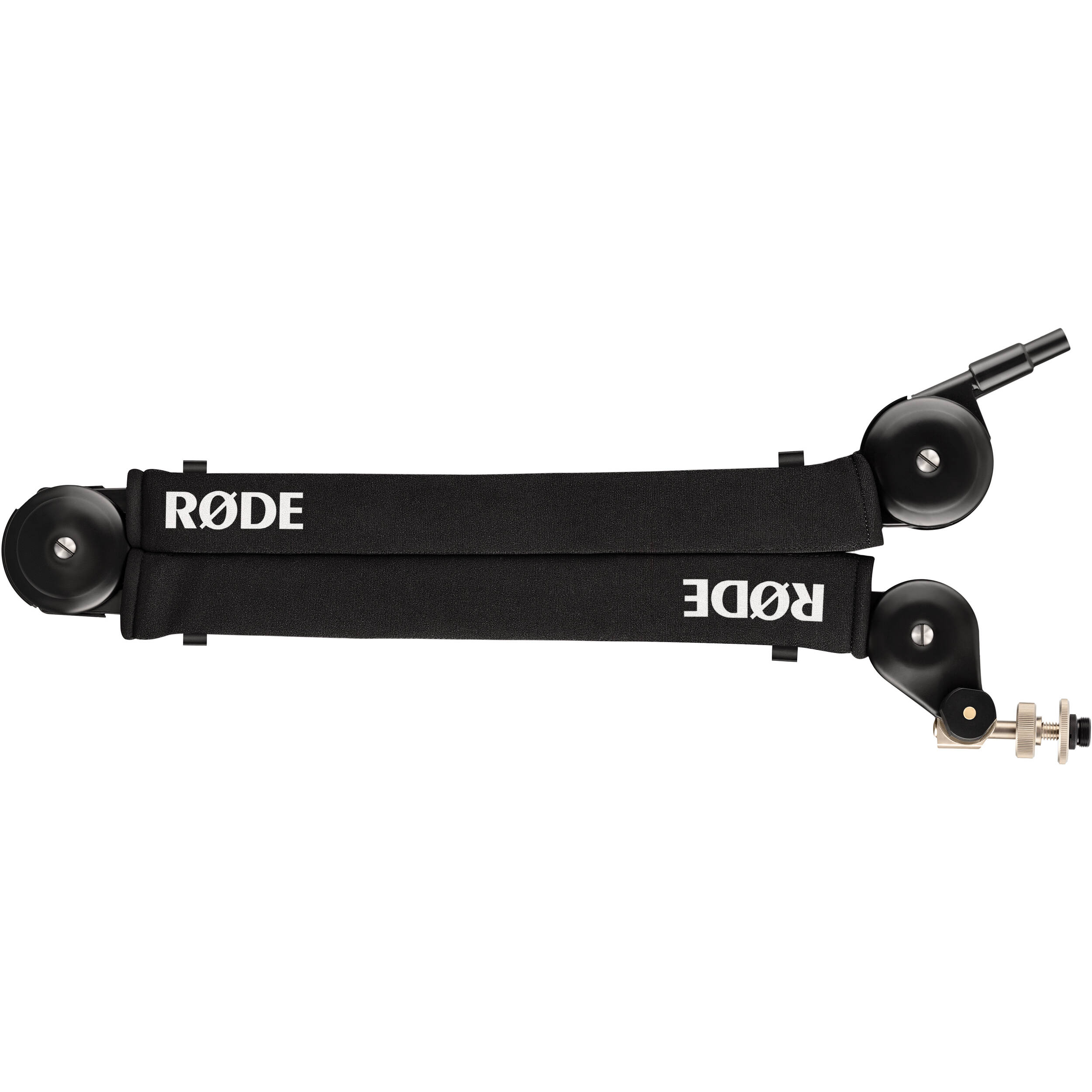 Rode PSA1+ broadcast microphone arm with adjustable metal arm and mounting clamp, designed for professional audio recording setups.