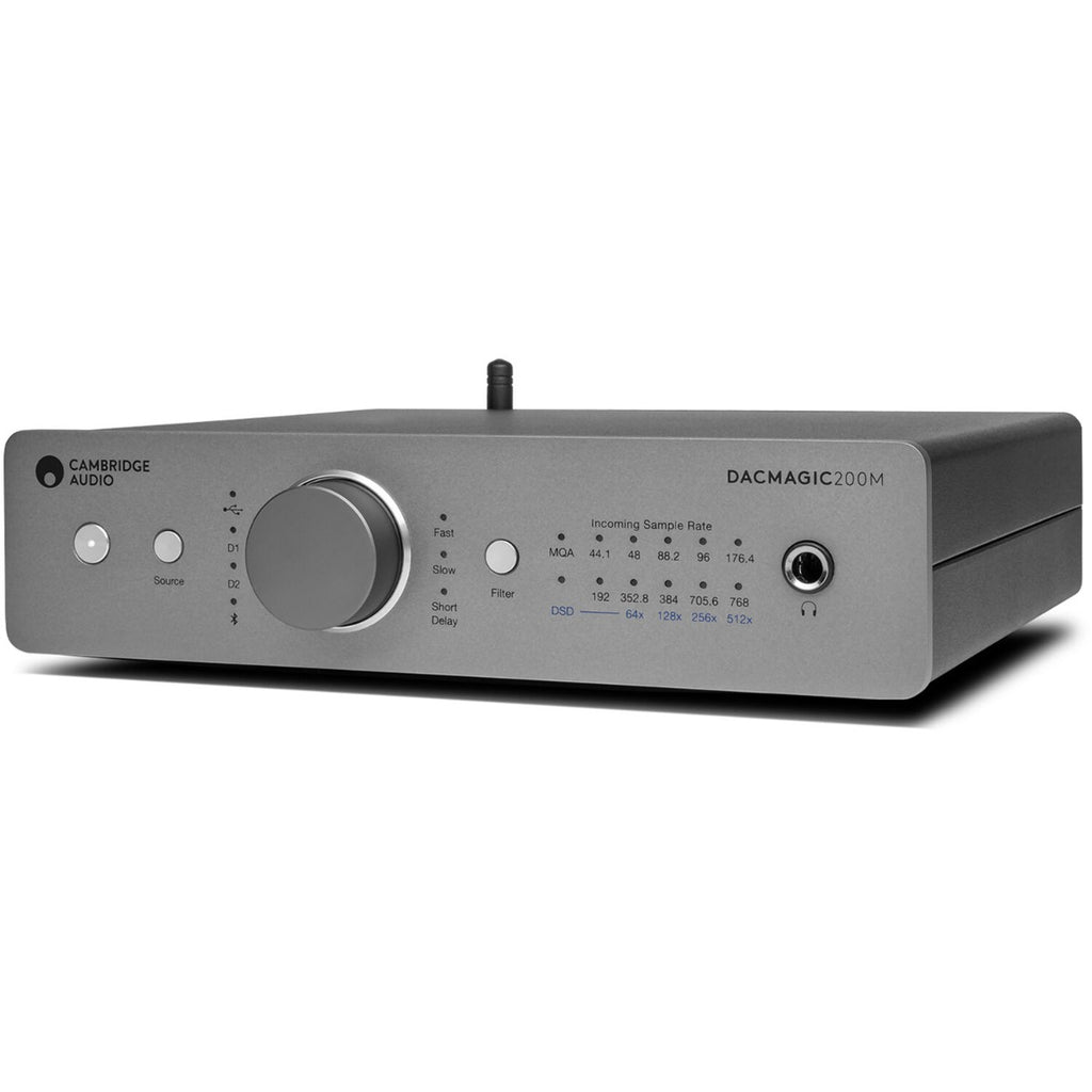 Cambridge Audio DacMagic 200M, a sleek black headphone amplifier and DAC with multiple input options.