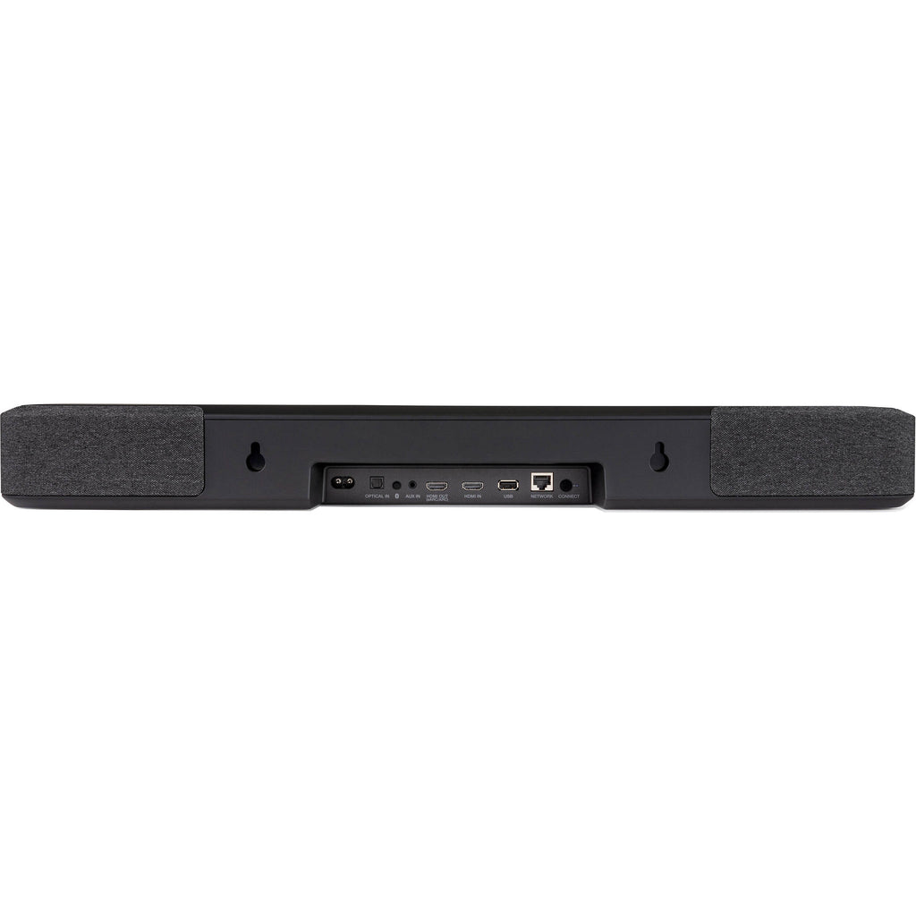 Denon Home Soundbar 550 displaying sleek black design with multiple speaker drivers and a remote control in front.