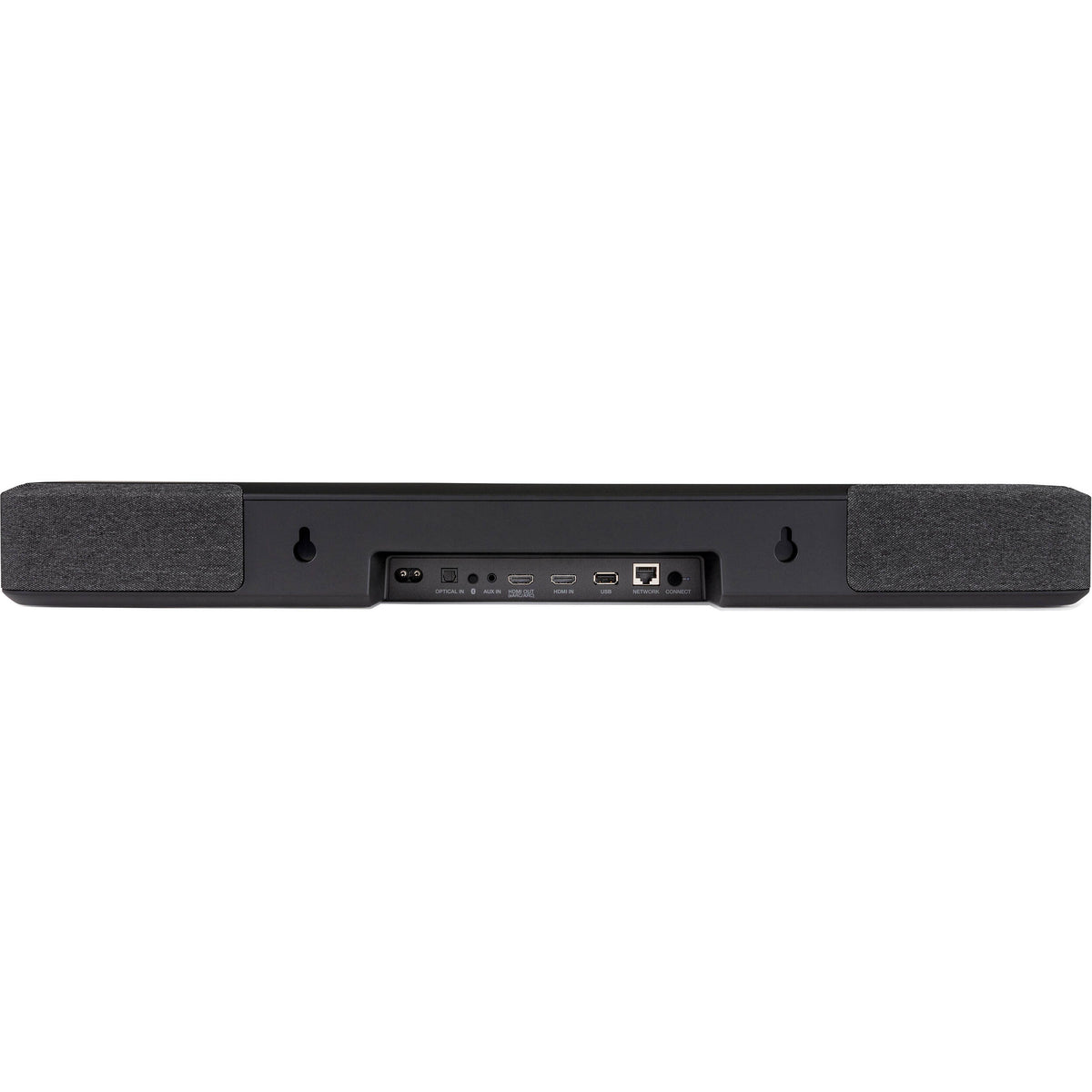Denon Home Soundbar 550 displaying sleek black design with multiple speaker drivers and a remote control in front.