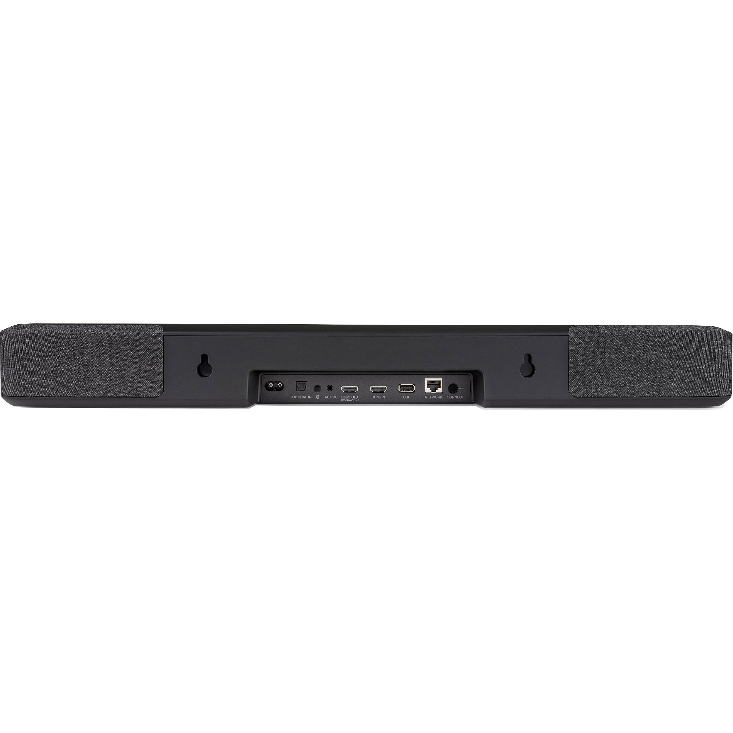 Denon Home Soundbar 550 displaying sleek black design with multiple speaker drivers and a remote control in front.