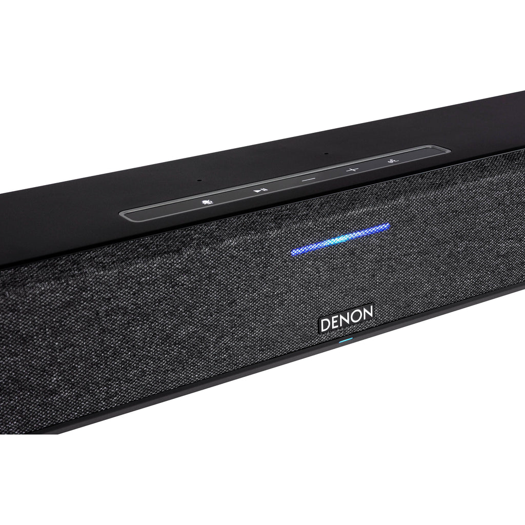 Denon Home Soundbar 550 with sleek black design, multiple speaker drivers, and connectivity ports for enhanced TV audio.